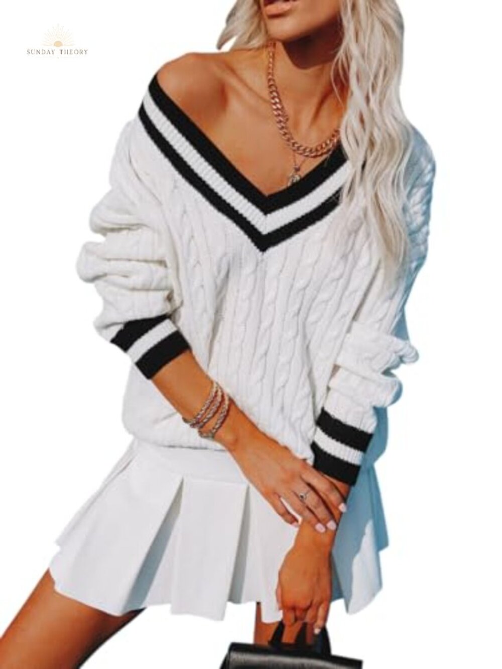 V Neck Oversized Cable Knit Striped Pullover Sweater Long Sleeve Tunic Top